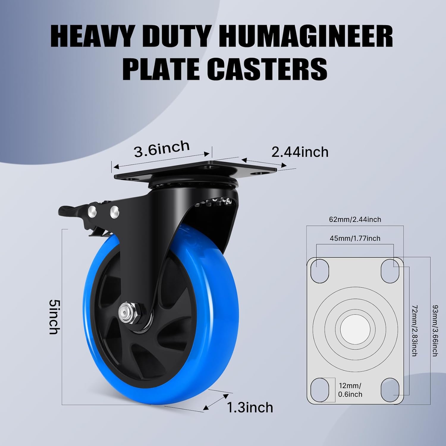 5 Inch Casters Wheel Set of 4, 2200 Lbs Heavy Duty Casters, Safety Locking Industrial Casters with Brake, No Noise Plate Wheels for Cart, Workbench, Furniture (Free Hardware Kits)